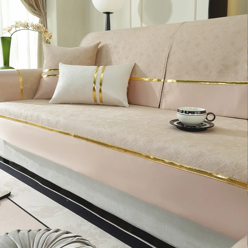 1pc Solid Color Sofa Cover Cotton Linen Four Season Anti-Slip With Gold Lines Decor, Couch Seat Cover Blanket Modern Living Room 3