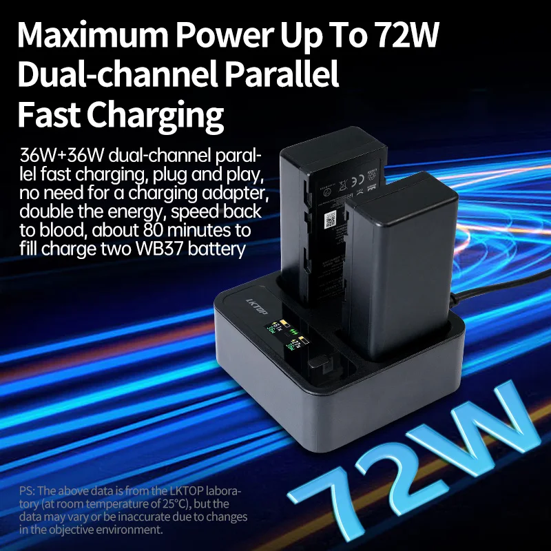 Chargeur intelligent pour batterie DJI RC Plus WB37 posé sur une table, écran numérique affichant les détails de la charge rapide.