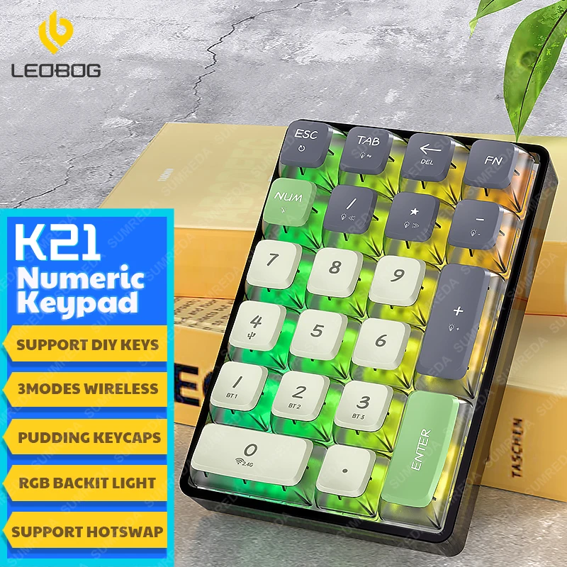 

LEOBOG K21 Bluetooth Number Mechanical Keypad 3Mode HotSwap RGB Pudding Keycaps 21Key Transparent Photoshop Accounting Work Game