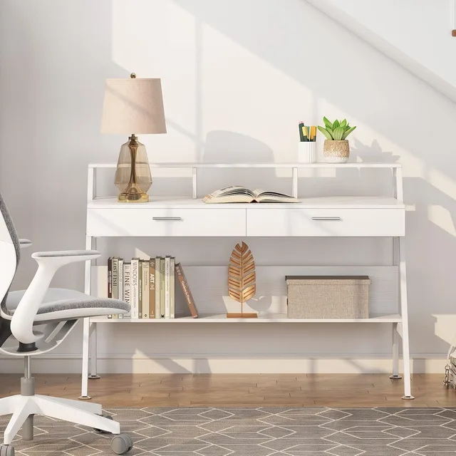 Computer Desk with Storage Shelf & Drawers, Modern 47 inch Office Writing Desk Study Table with Monitor Stand Riser 6