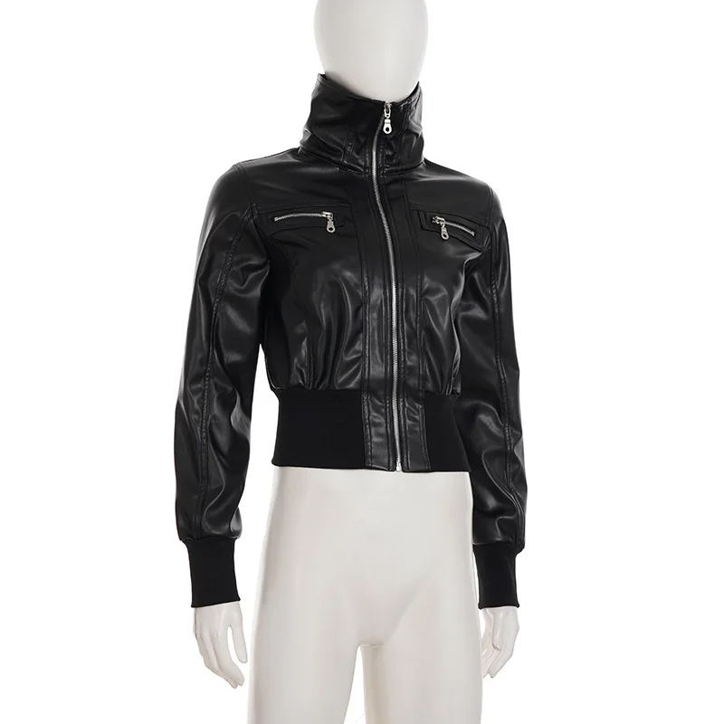 Short Fit-waist PU Jacket in Spring Autumn Motorcycle Style Retro Style Spliced Versatile Outerwear for Fashion-forward Women