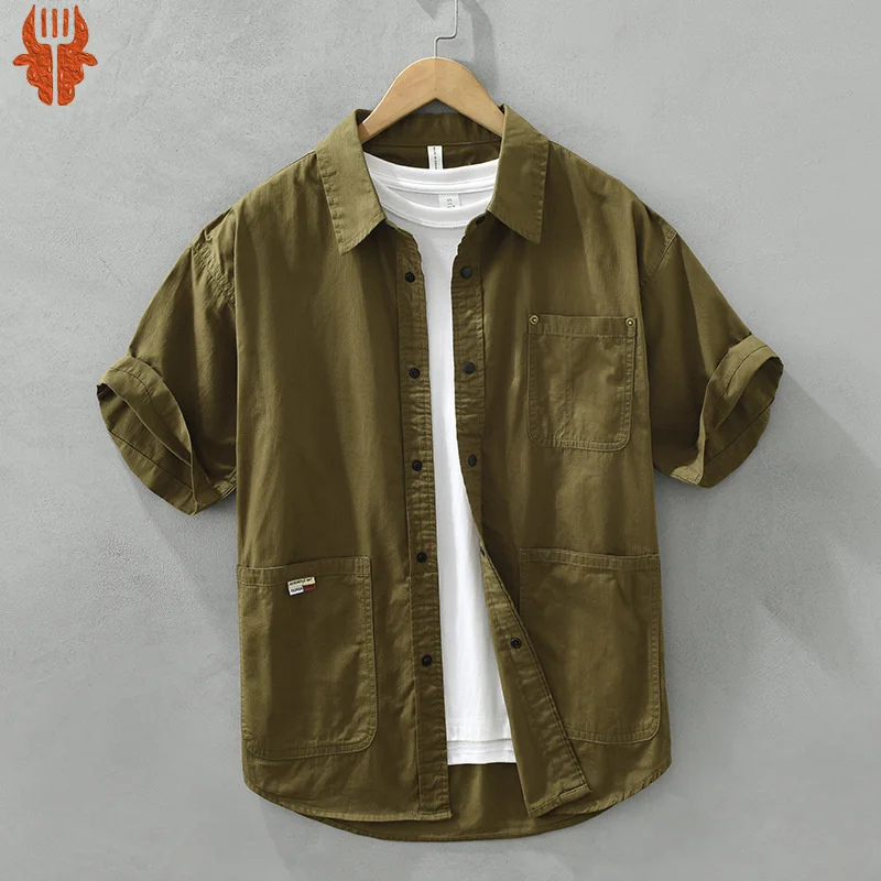 Japanese Tooling Style Mens Summer Multi Pocket Work Shirt Pure Cotton Sold Color Loose Versatile Casual Male Short Sleeve Shirt