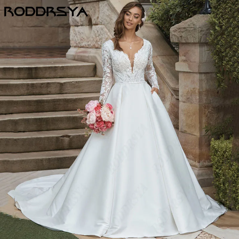 

RODDRSYA Princess Wedding Dress Long Sleeve A-line Suknia ślubna Elegant Lace Satin Insertable Pocket Custom Made Bridal Party