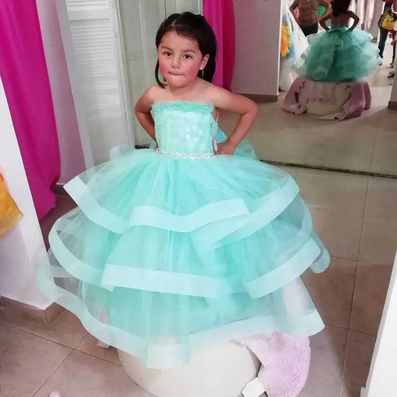 

Flower Girls Dresses For Wedding Lace Appliques Beading Ball Custom Holy First Communion Gowns For Girls
