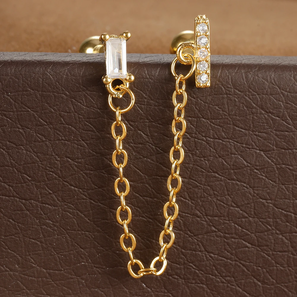 Edelstahl Zirkon Krone Ohrstecker für Frauen 18K vergoldet Doppel Ohrstecker Kette Quaste Piercing Ohrring Modeschmuck – Detail 7