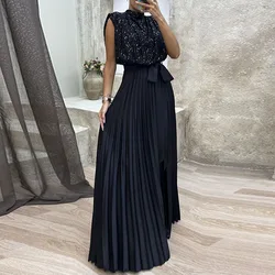 Elegant Backless Pleated Evening Dresses Women O-neck Sequin Patchwork Long Dress Fashion Sleeveless Lace Up High Waisted Dress