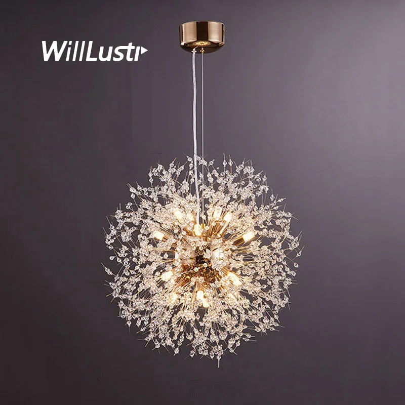 

Creative Crystal Dandelion Pendant Lamp Gold Chrome Metal Suspension Light Hotel Cafe Bar Study Hanging Ceiling Chandelier