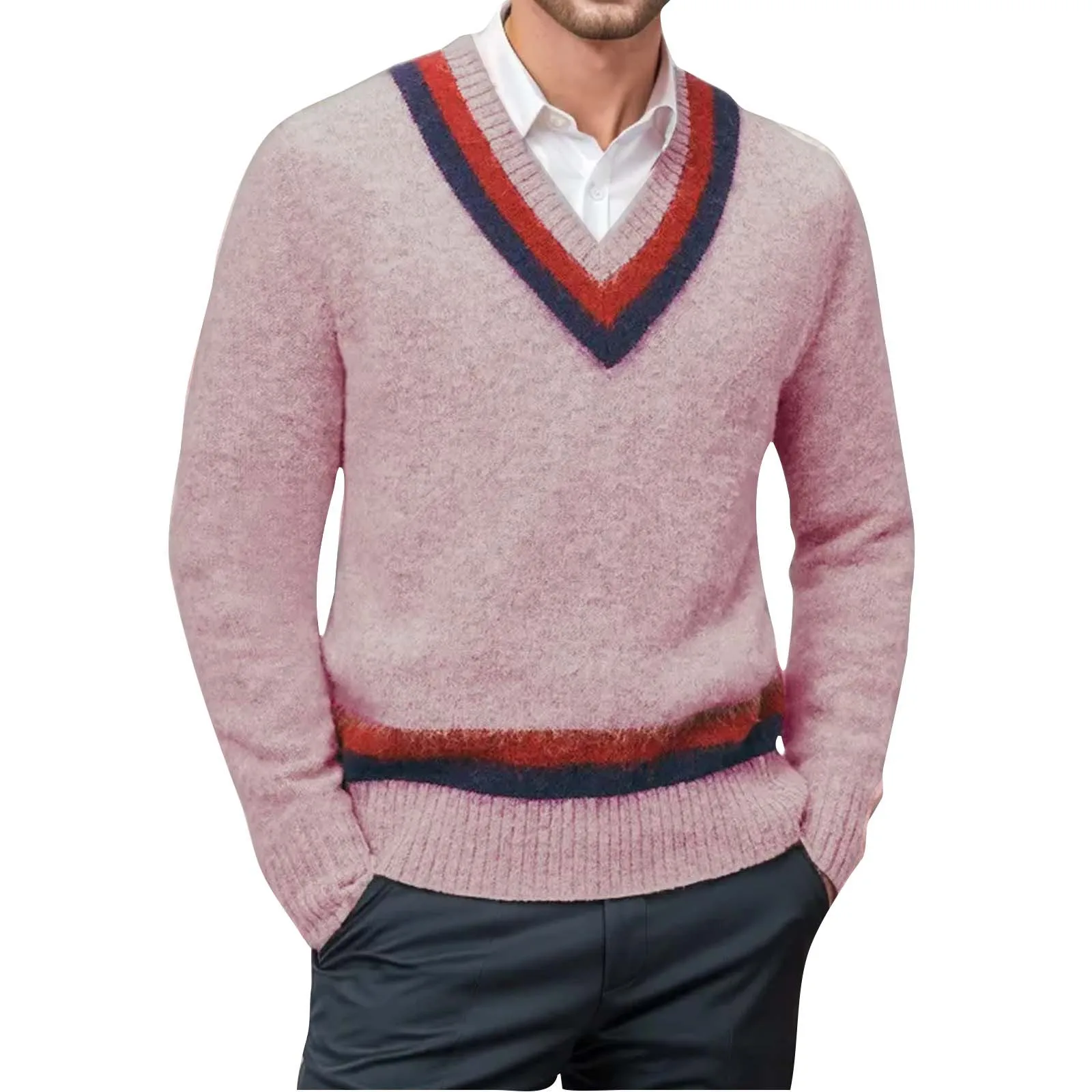 

Men's Sweater Matching Color Sweater European Style V Neck Long Sleeve Knit Pullover Sweater Men Mens Double Breasted Coat