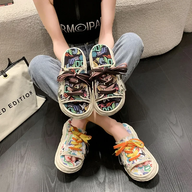 2023 Women Canvas Slippers Summer Denim Lace Up Flat Designer Slippers Outdoor Casual Shoes Ladies Platform Open Toe Sandals