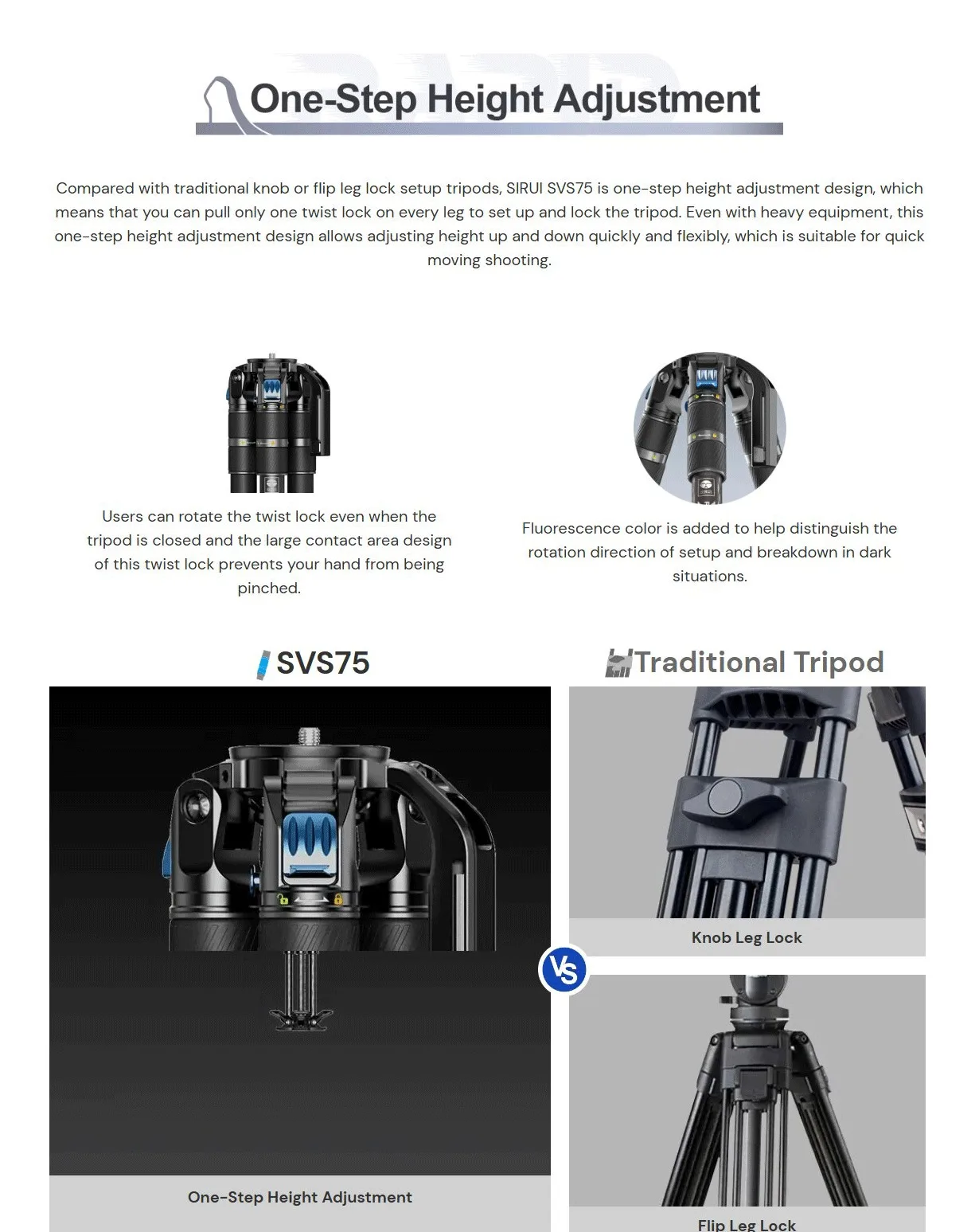 SIRUI SVS75 Rapid System One-Step Height Adjustment Carbon Fiber Tripod Lightwei