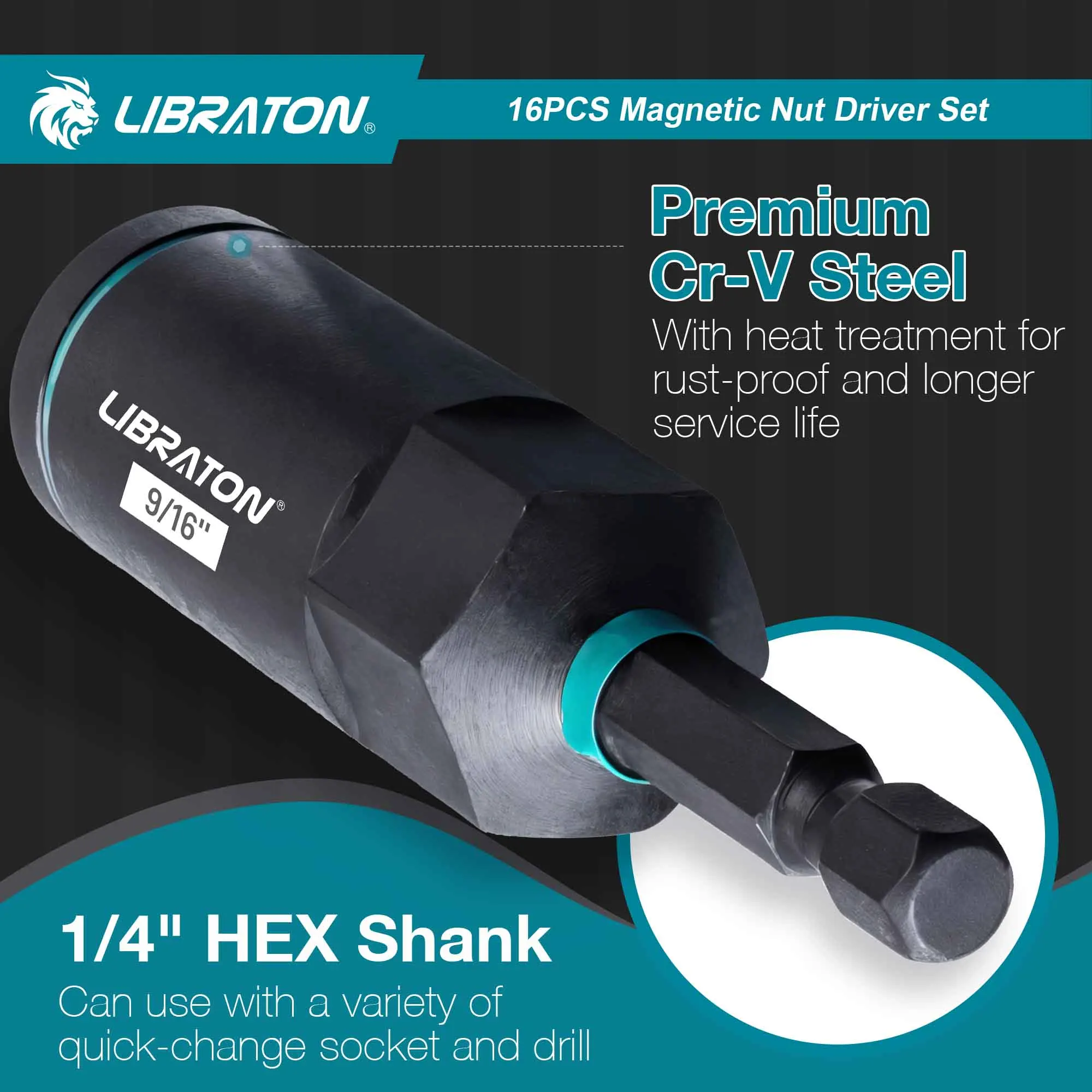 LIBRATON 16x Magnetic Nut Driver Set, SAE Nut Driver for Impact Drill, Deep Nut Driver Set, Impact Driver Bit Set for Car Repair 4