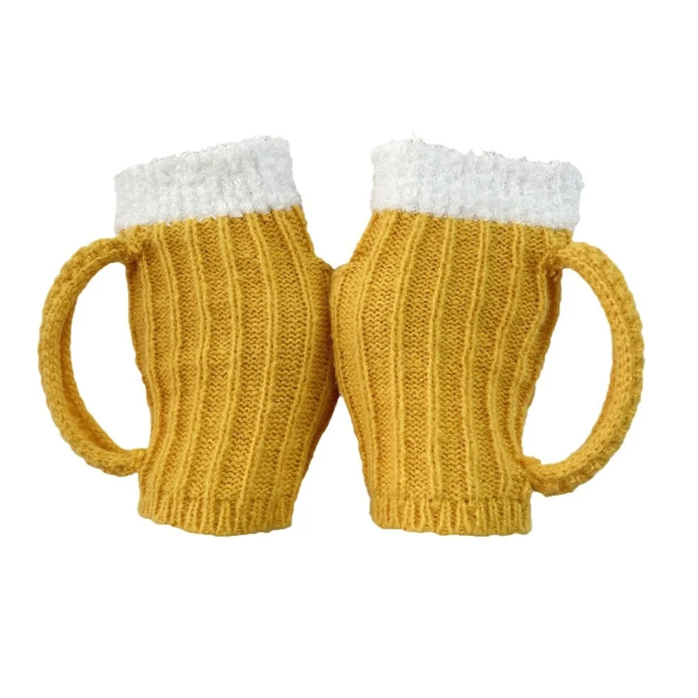 3D Beer Mug Gloves Half Finger Warm Gloves Yellow Beer Glass Unisex Woolen Yarn Knitting Autumn Winter Funny Gift half finger gloves warm gloves