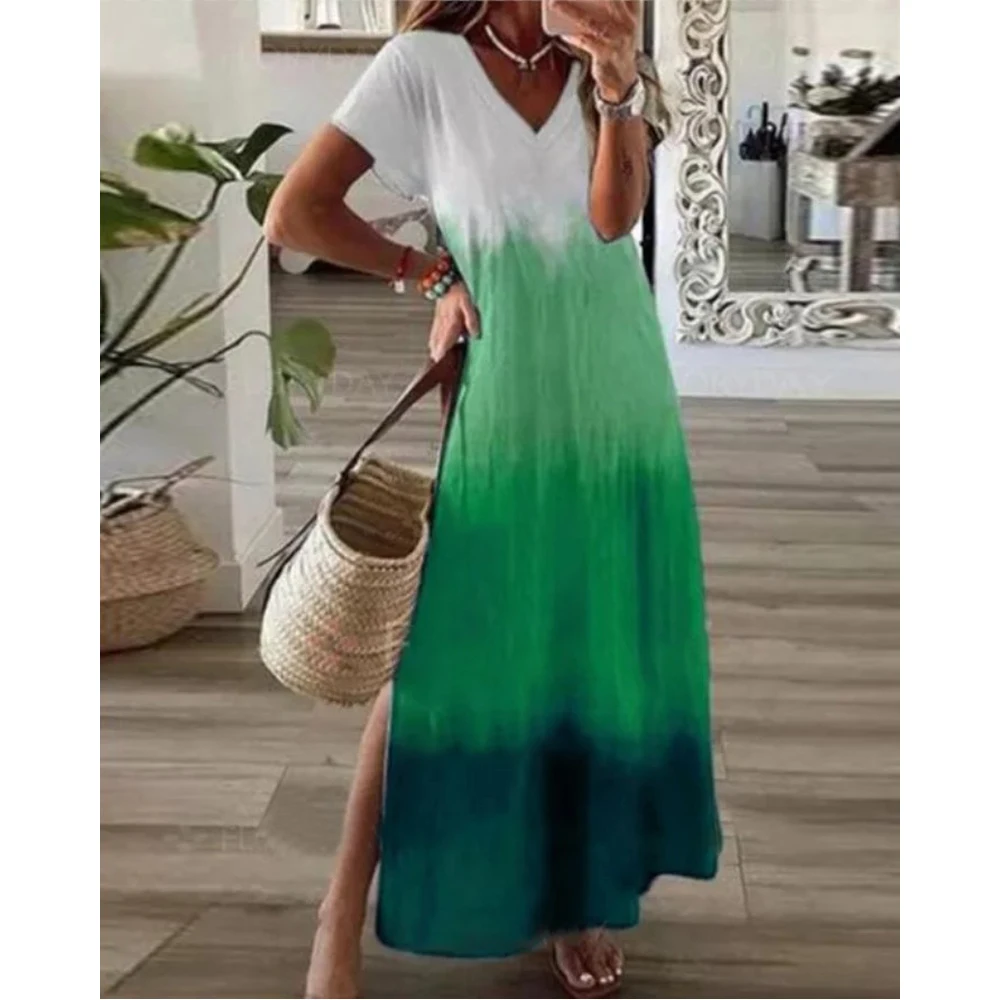

Womens Maxi Dresses Summer Spring V Neck Short Sleeve Split Long Dress Casual Ankle-Length Boho Dress Beach Sundress