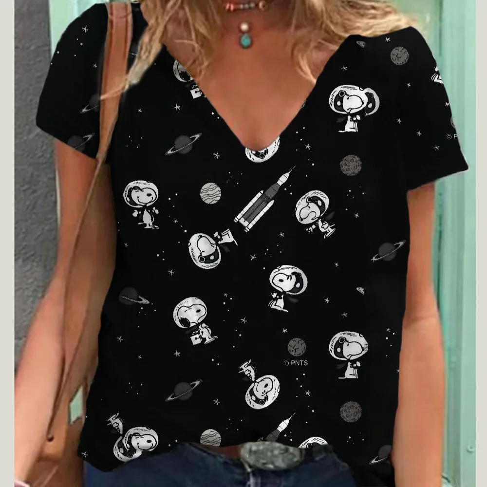 thumbnail image 1 of Camiseta de mujer, ropa Harajuku, camisetas con estampado de dibujos animados de Snoopy, camisetas de cuello en V, jersey de gran tamaño, blusa de manga corta, sudadera holgada, 1 of 5
