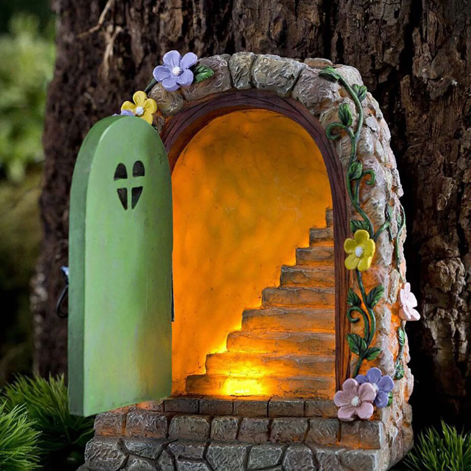 

1Pcs Large Fairy Door Solar Light LED Elf Steps Stone Door Secret Magical Fairy Garden Ornament Outdoor Figurine 11*7*15cm