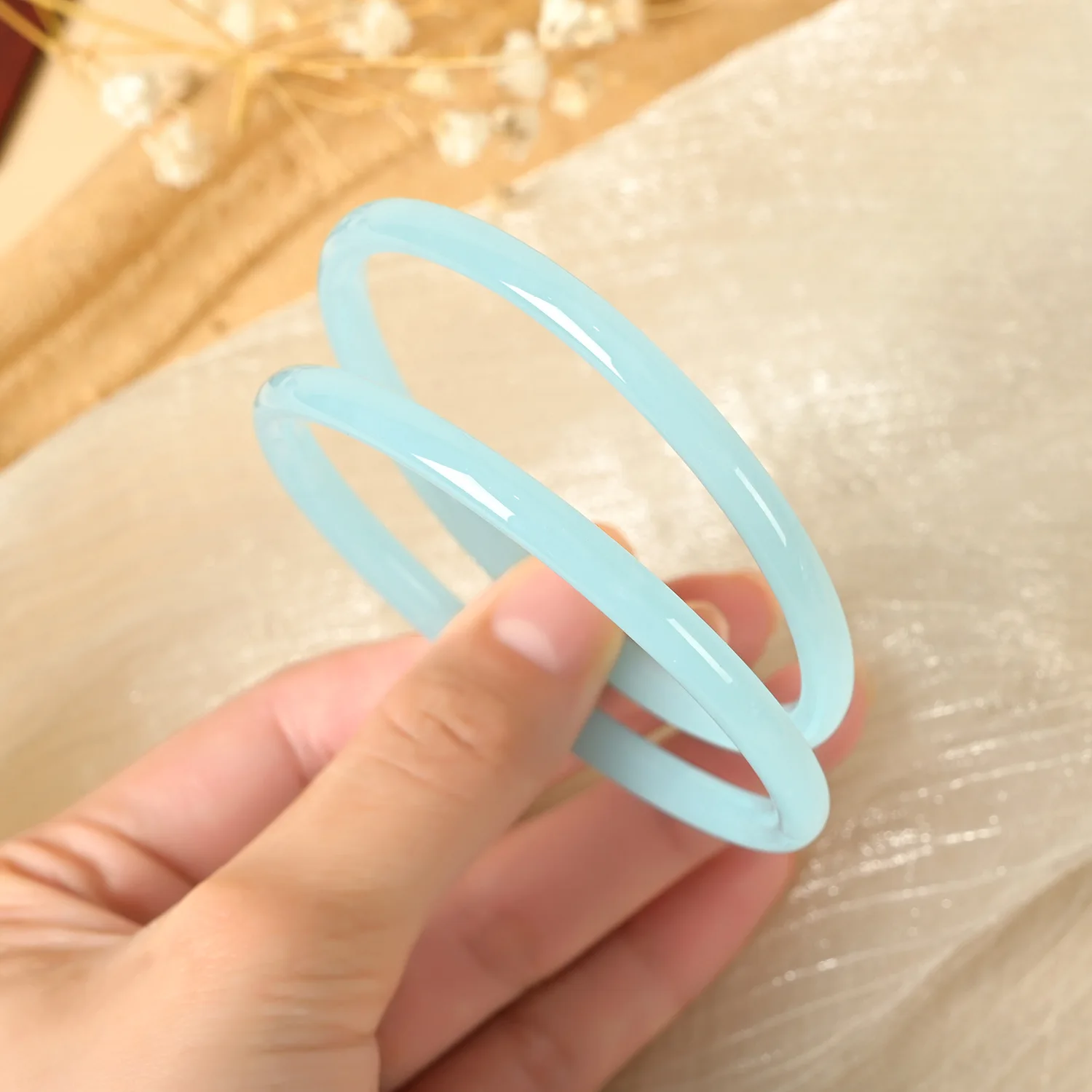 Glass Natural Jade Solid Color Jingle Bangles Retro Simple Bracelet Femme Fashion Women Casual China Jewelry Gifts 2Pcs/Set