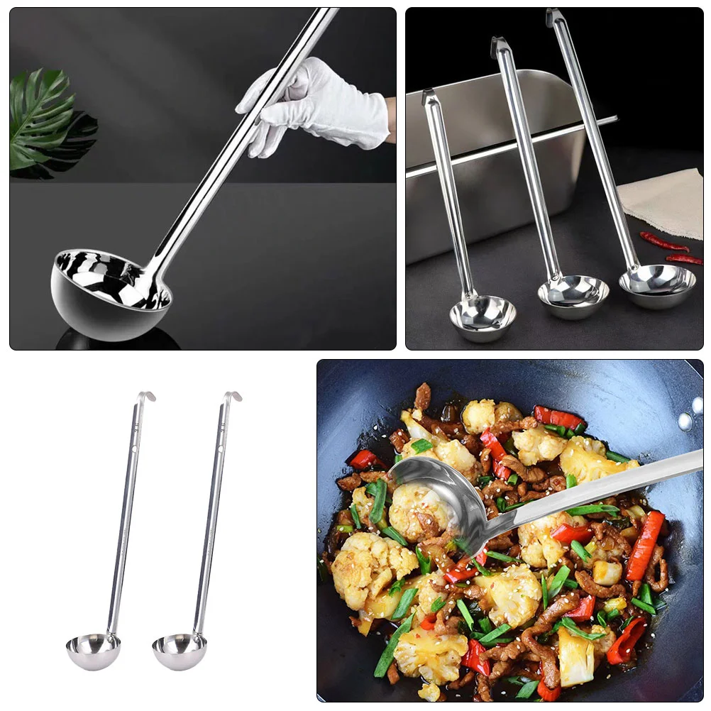 2 Pcs Stainless Steel Soup Spoon Set Long Handle For Kitchen Sauce Portioner Reusable Ladle Metal Water Scoops