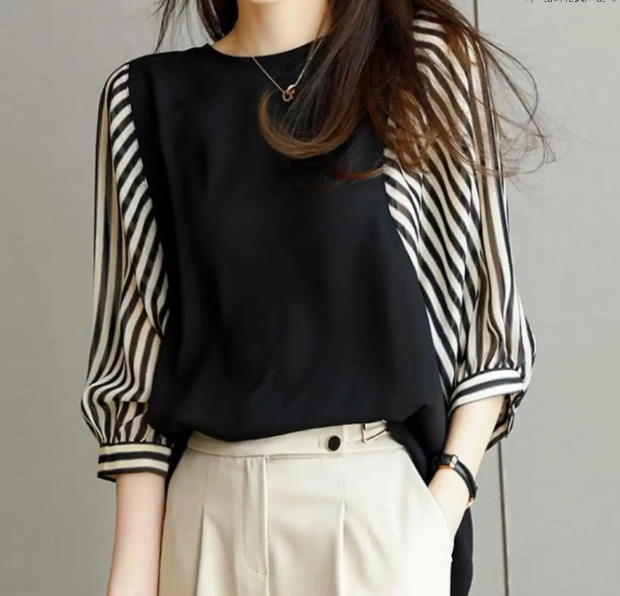 

2022 summer women's tops o-neck loose three-quarter sleeved T-shirt ladies retro chic patchwork top tees