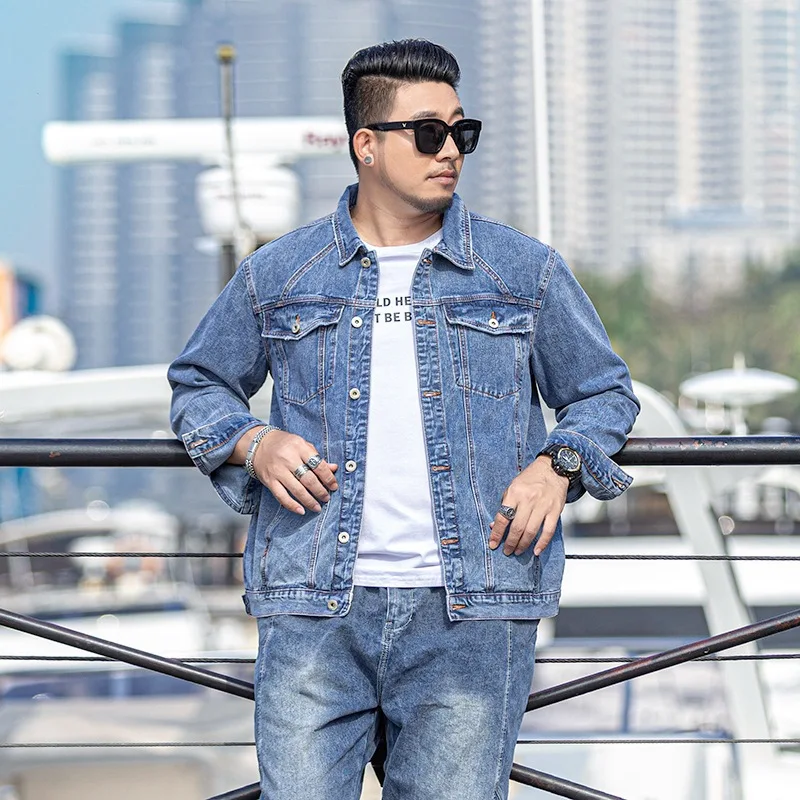 

Plus Size Men's Casual Denim Jacket Cotton 8XL Bust 145CM 7XL 6XL 5XL Pocket Lapel Button Loose Light Blue Washed Denim Jacket