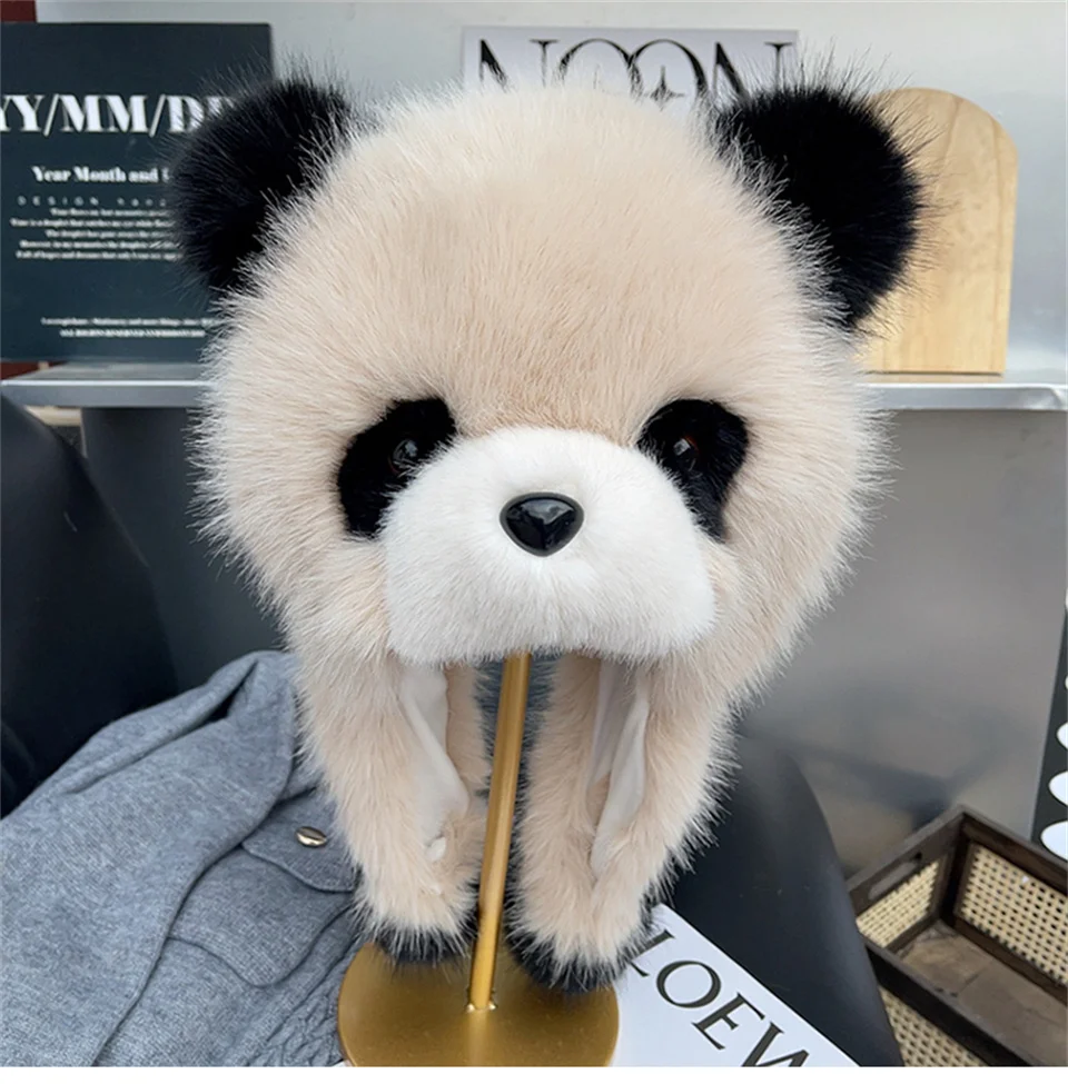 Herbst-Winter Damen Warme Panda-Plüschmütze, Outdoor Ohrenschutz-Hüte, Verdickte Warme Mütze, Mädchen und Damen Ohrenklappe-Mütze, Geschenk – Detail 3