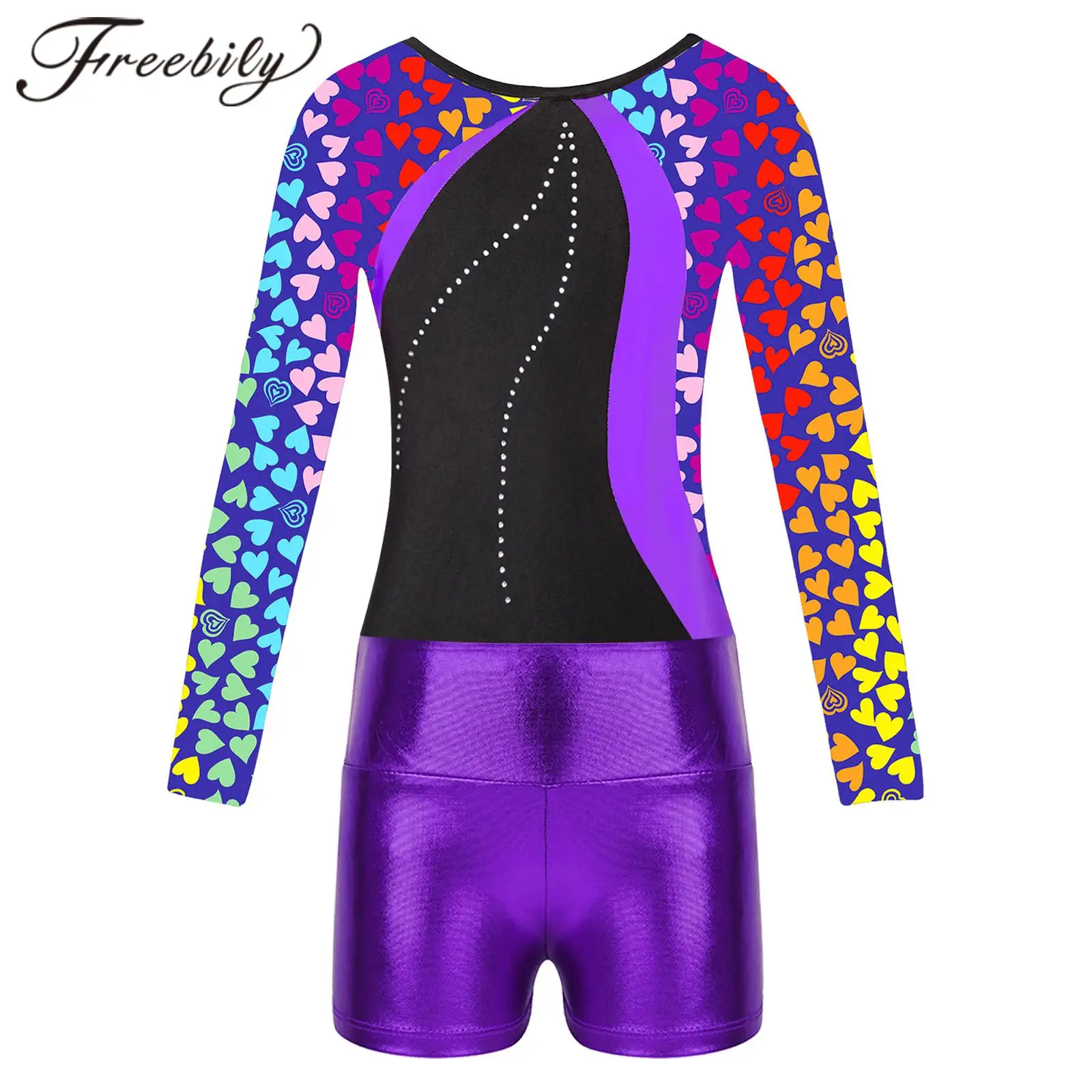 

Children Long Sleeve Printed Gymnastics Leotard + Metallic Shorts Ballet Tutu Skating Jumpsuit for Girls Kids Dancewear Sets