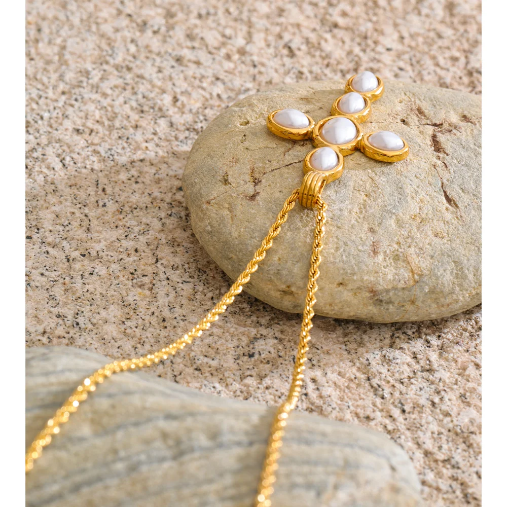Yhpup Simulated Pearls Pendant Necklace 18K Golden PVD Plated Stainless Steel