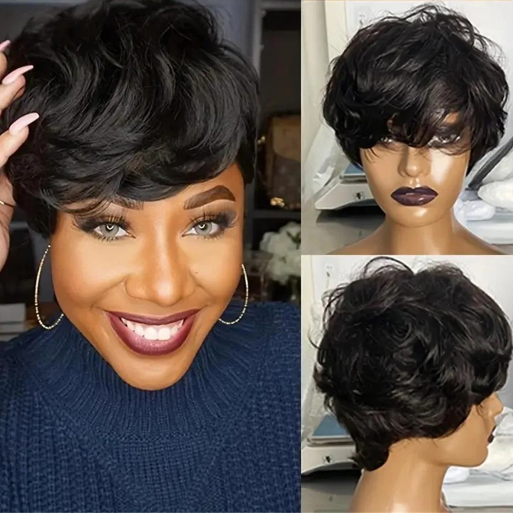 Human Hair Wigs for Women 6 Inch Short Wavy Pixie Cut 180% Density