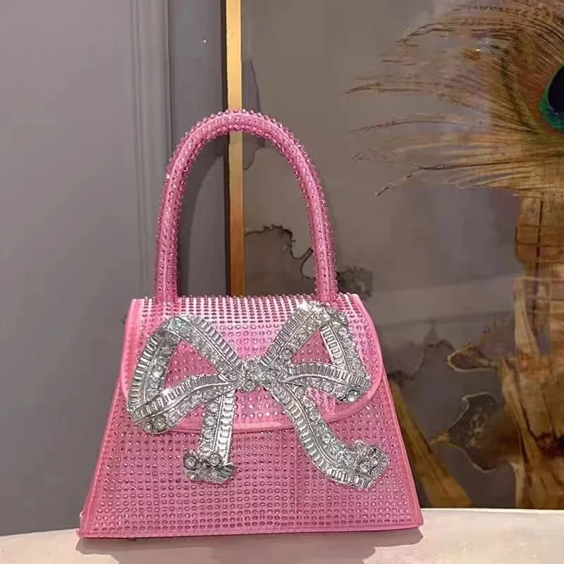 Glitter Shiny Rhinestone Diamond Bow Knot Handbag Women Shoulder Messenger Chain Bag Wedding Party Clutch Purse Evening Bag