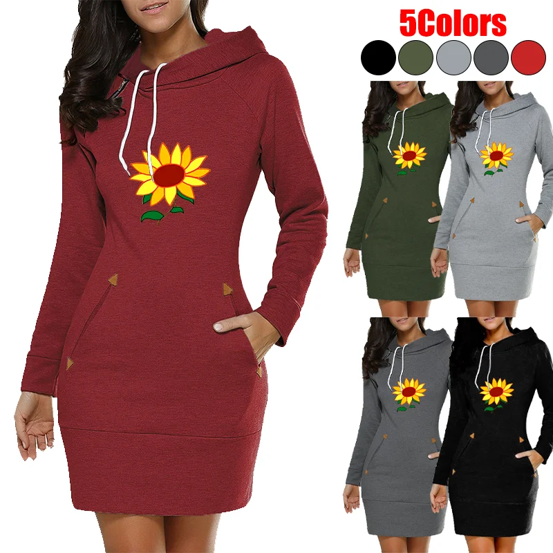 

Spring Autumn Ladies Hoodies Dress Sunflower Printed Fashion Women's Pocket Hooded Pullover Long Sleeve Sweatshirt Dresses