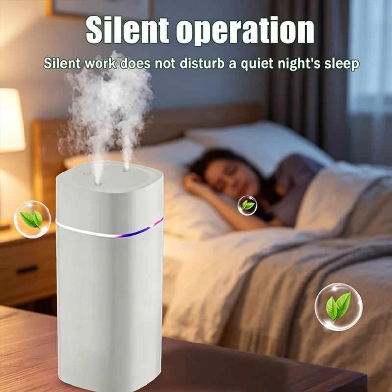 600ml Wireless USB Mini Aroma Humidifier with Dual Nozzle and Silent Cool Mist, featuring Water Shortage Protection