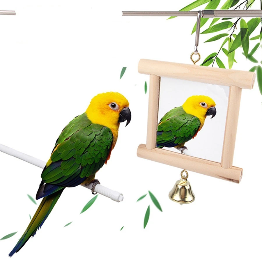 Parrot Bird Mirror Bell Toy Wooden Pet Accessories Parrot Toy Bird Toy 1pc