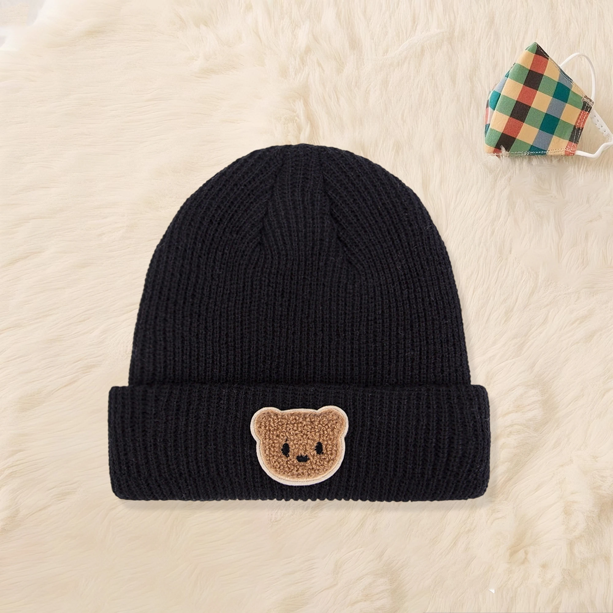 Cute Pom Pom Knit Beanie Hats for Toddlers Soft Winter Warm Caps with Bear Patch for Boys and Girls Cozy Infant Skull Caps