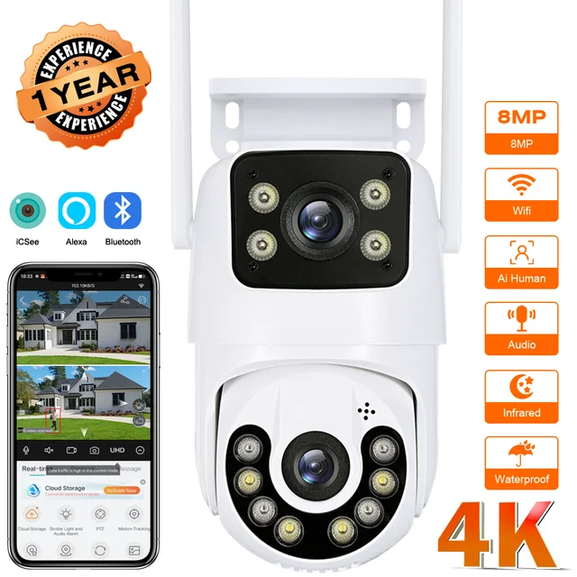 Caméra IP de sécurité sans fil extérieure 4K 8MP HD double objectif externe Wifi PTZ caméra suivi automatique caméra de Surveillance de rue iCsee 1