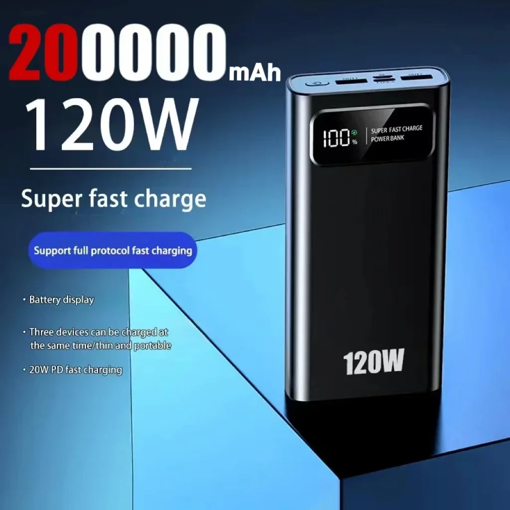 대용량 디지털 디스플레이 보조배터리, 200000mAh 휴대용 보조배터리, 120W..