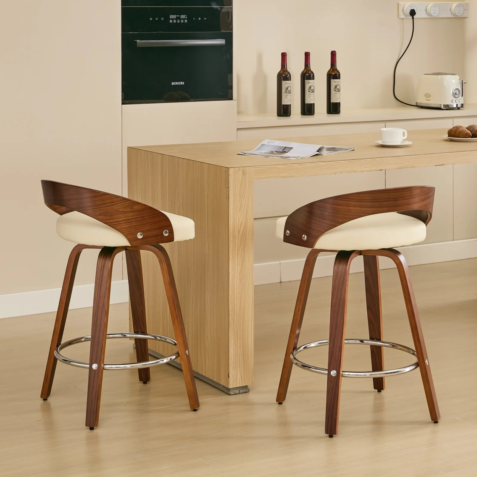 Barhocker-Set mit 2 Stück, Drehbare Barhocker mit Niedriger Rückenlehne, Holz-Barstühle mit Weichem Polstersitz, 63CM Sitzhöhe – Detail 16
