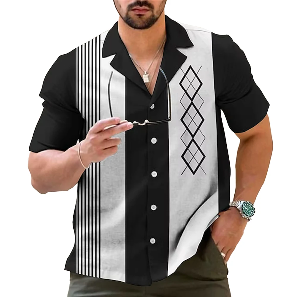 

Vintage Look Men's Casual Bowling Shirt Striped Pattern Short Sleeve Button Down Ideal Shirt for Everyday Outfits and Occasions