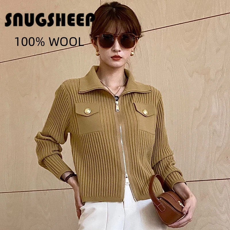 

fashion wool jacket zip up women pocket sweater brown cardigan autumn top korean clothes woman knit womens vintage designer girl