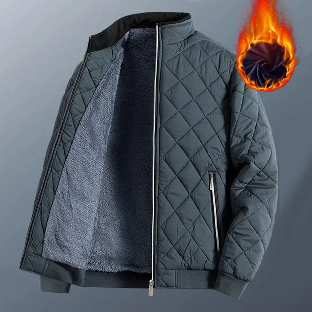 

Men Thick Winter Coat High Neck Jacket Coat Stylish Men's Rhombus Embossed Jacket Warm Fleece Lining Slim Fit Coat for Autumn