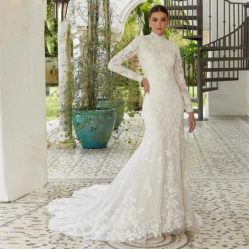 Long Sleeve Wedding Dress Fishtail Elegant Lace Mermaid Wedding