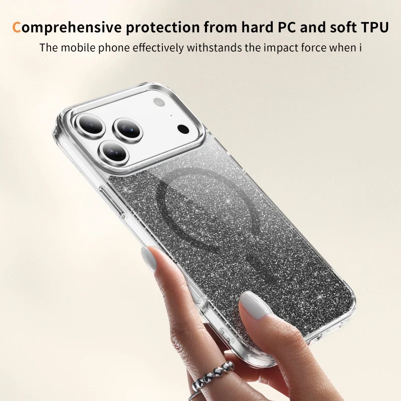Glitter Clear MagSafe Magnetic Phone Case with Alloy Buttons and Anti-Fall Protection
