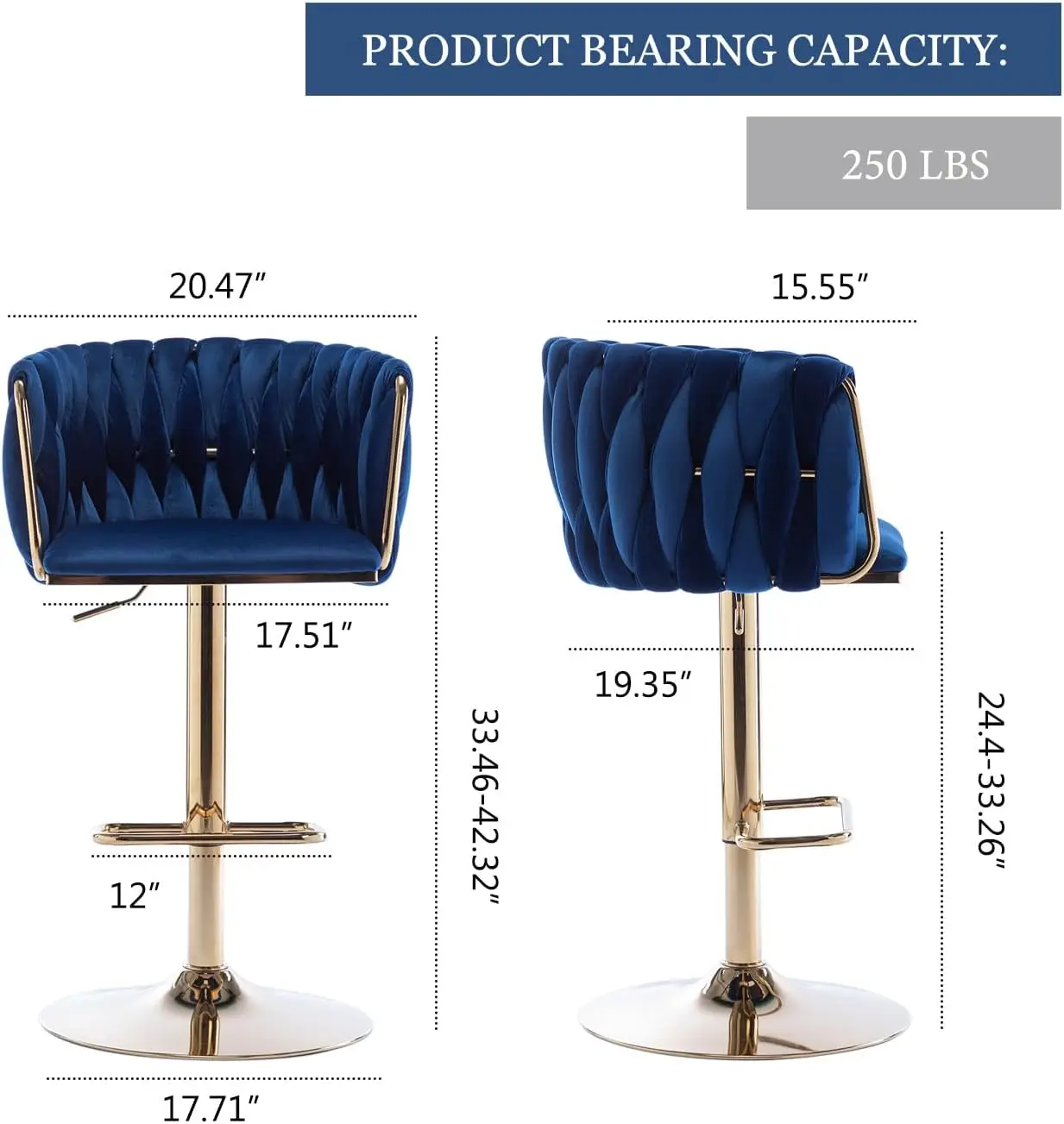 360&deg; Velvet Swivel Bar Stools Set of 4 Adjustable Counter Height Bar Chairs with Woven Back & Footrest Luxury Gold Stools