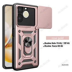 Slide Camera Cover with Ring Kickstand Holder - Full Protective Shockproof Phone Case for Realme Note 70 4G (Rose Gold)