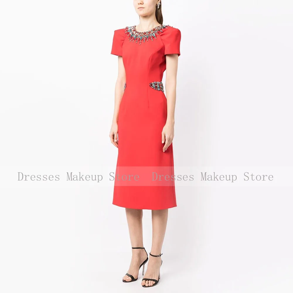Luxury Cocktail Dresses Orange Red Crystal O Neck Column Women's Cocktail Gowns Midi Tea Length Short Sleeves Sheath Party Dress cocktail dress