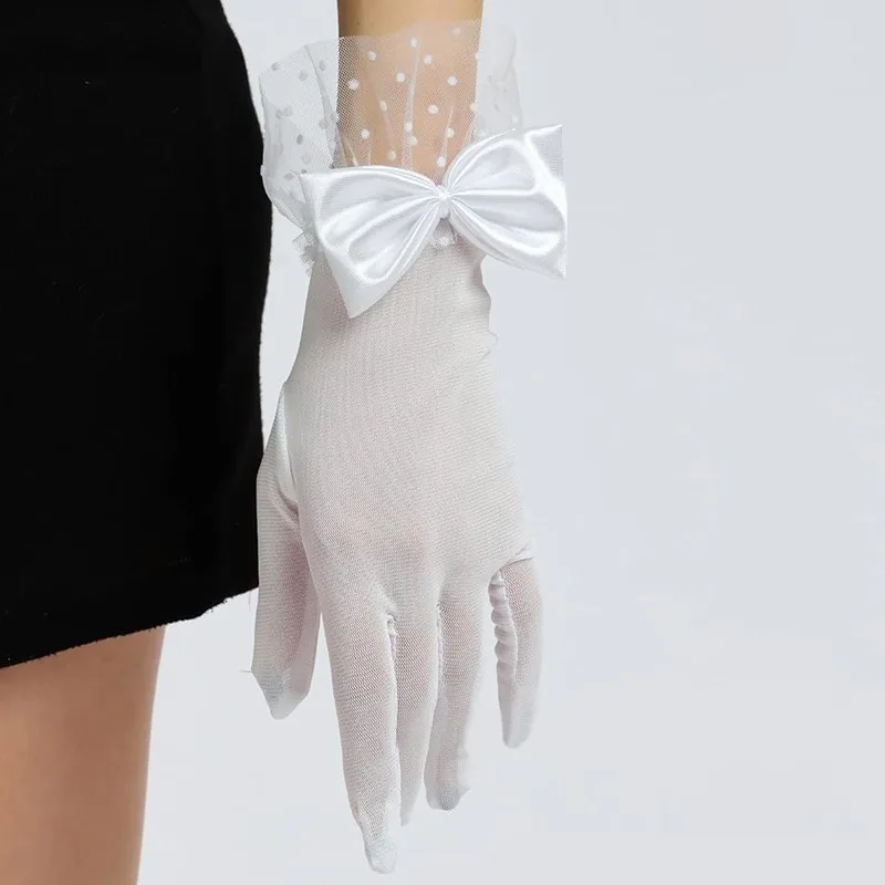 Women Sexy Mesh Thin Transparent Dot Bow Gloves Summer Sunscreen Drive Breathable Retro Opera Performance