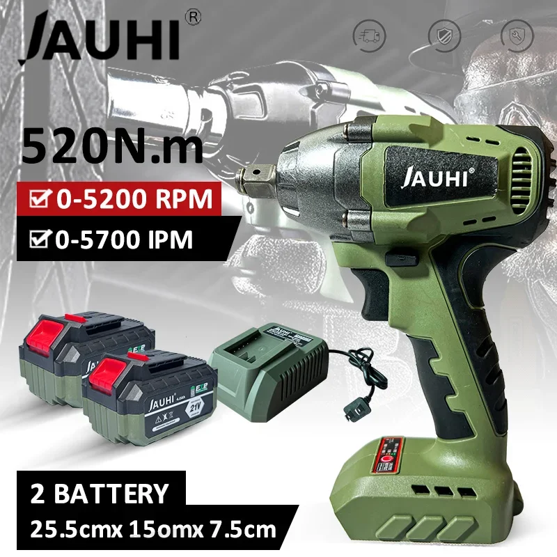 

JAUHI Brushless Electric Wrench Cordless Impact Wrench Socket Wrench 520N.m Car Repair Power Tool with 21V 20000mah Battery