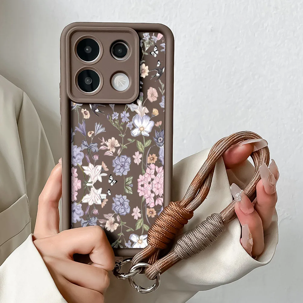 Whimsical Bird and Butterfly Floral Phone Case with Wrist Strap Lanyard