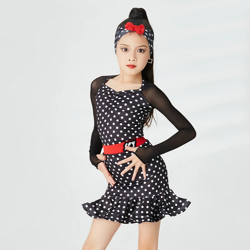 

Girls Latin Dance Professional Dress Mesh Sleeved Latin Dancing Dresses Chacha Samba Rumba Ballroom Dance Costumes XS6793