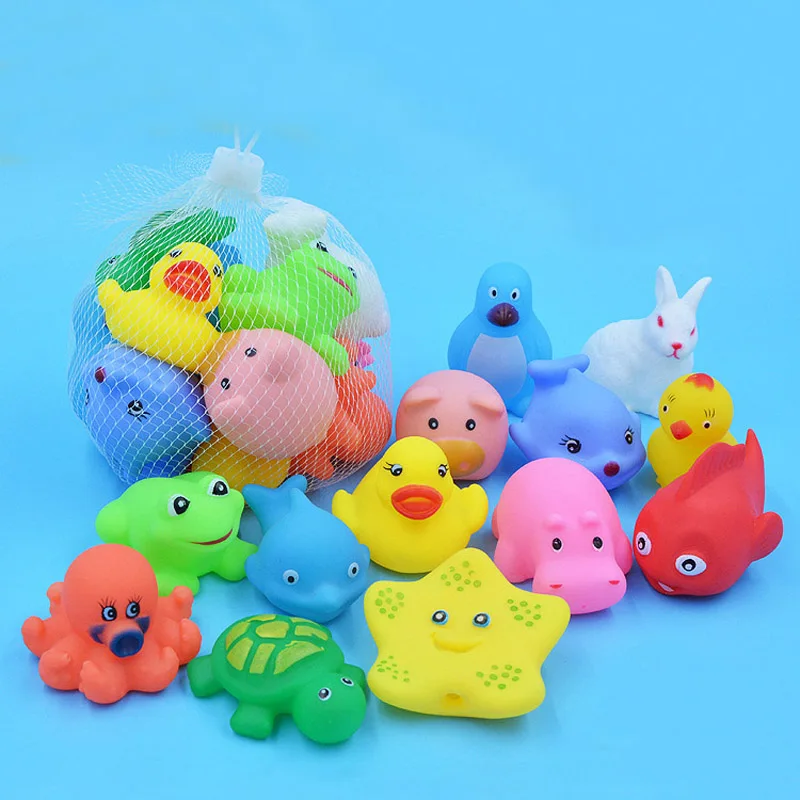 

13 Pcs Mixed Animals Swimming Bath Toys Colorful Soft Floating Rubber Duck Squeeze Sound Squeaky Bathing Toy For Baby Water Toys