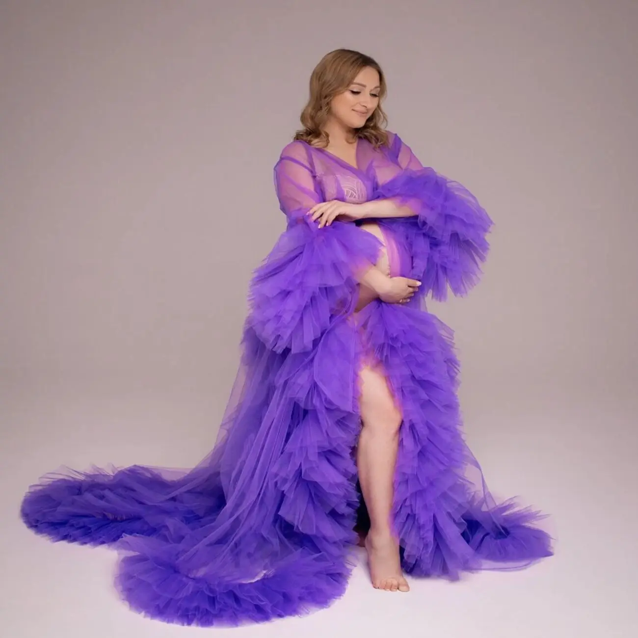 

Purple Tiered Long Tulle Maternity Dress Puffy Ruffled For Photoshoot Floor Length With Train Pregnancy Gown Robes Babyshower