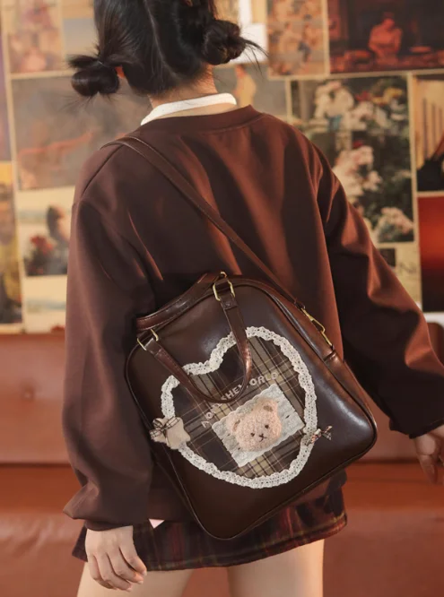 JIAERDI College Style Lolita Coffee Backpack Women Sweet Cute Lace Bear Large Capacity Schoolbag Student Y2k Backpacks Female